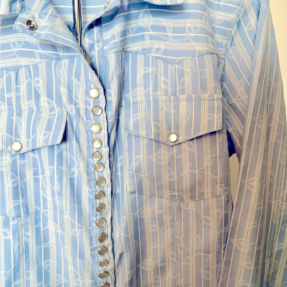 Scully Western Blue and White Embossed Vine Pattern Striped Shirt, Ladies Large - Picture 3 of 6